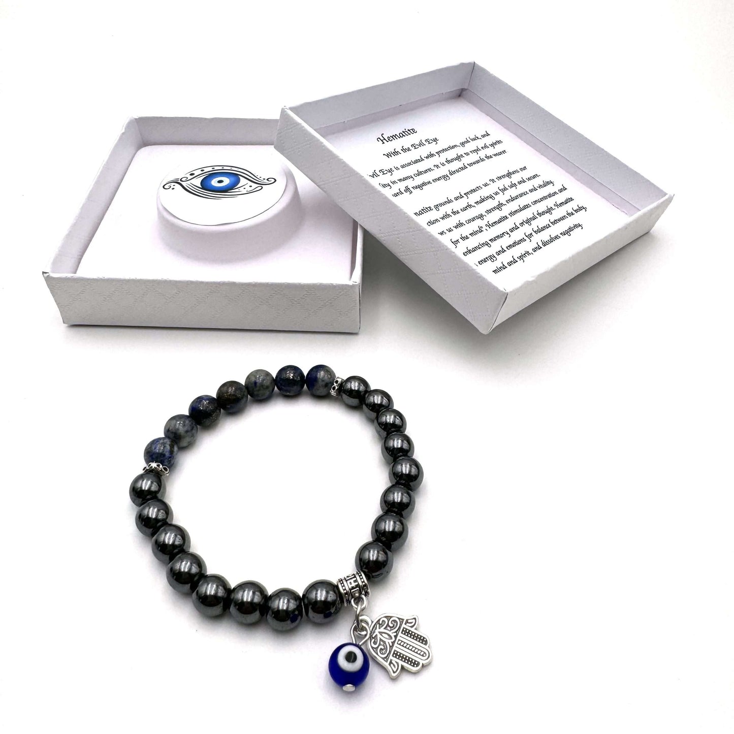 Hamsa Evil Eye Charm Bracelet- Hematite