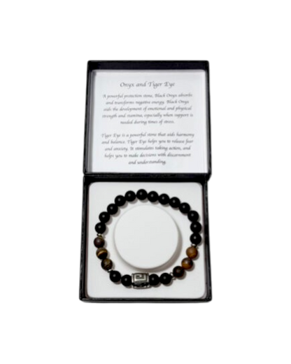 Men’s Bracelet Matte Onyx Matte Tiger Eye & Greek Letter Bead