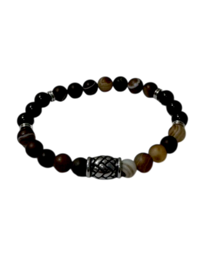 Men’s Bracelet Matte Brown Banded Agate Onyx & Hemp Knot Bucket Bead