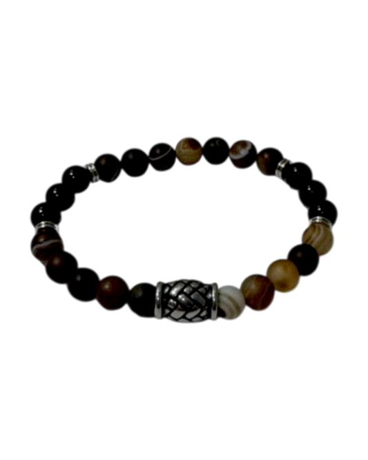 Men’s Bracelet Matte Brown Banded Agate Onyx & Hemp Knot Bucket Bead
