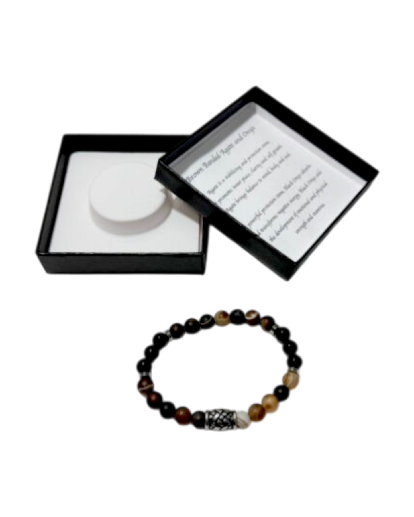 Men’s Bracelet Matte Brown Banded Agate Onyx & Hemp Knot Bucket Bead