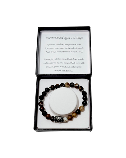 Men’s Bracelet Matte Brown Banded Agate Onyx & Hemp Knot Bucket Bead
