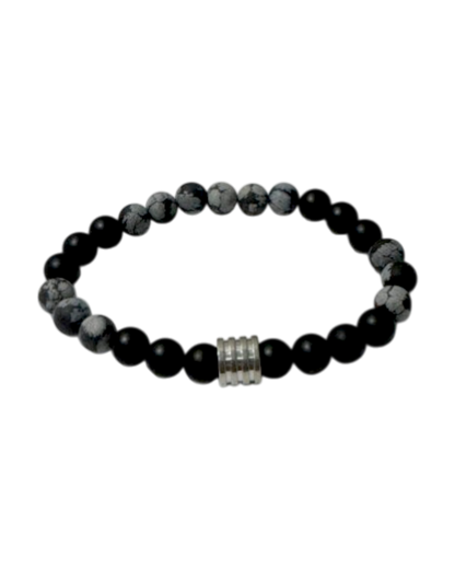 Men’s Bracelet Matte Onyx Matte Snowflake Obsidian & 4 Ring Bead