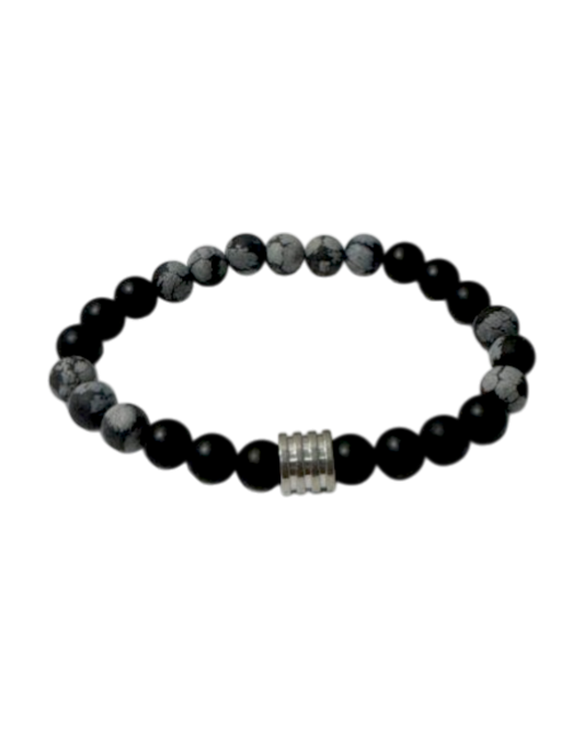Men’s Bracelet Matte Onyx Matte Snowflake Obsidian & 4 Ring Bead