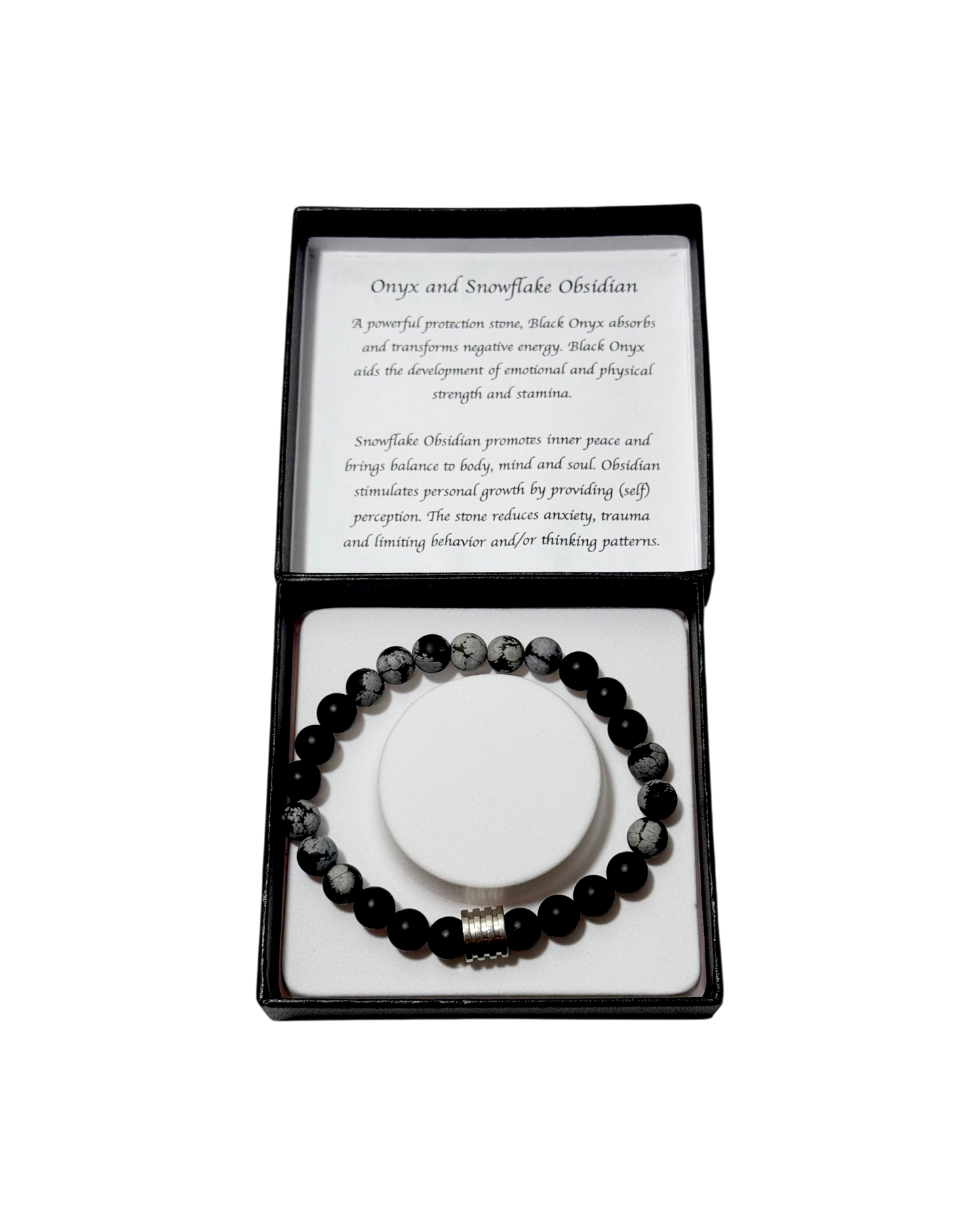 Men’s Bracelet Matte Onyx Matte Snowflake Obsidian & 4 Ring Bead