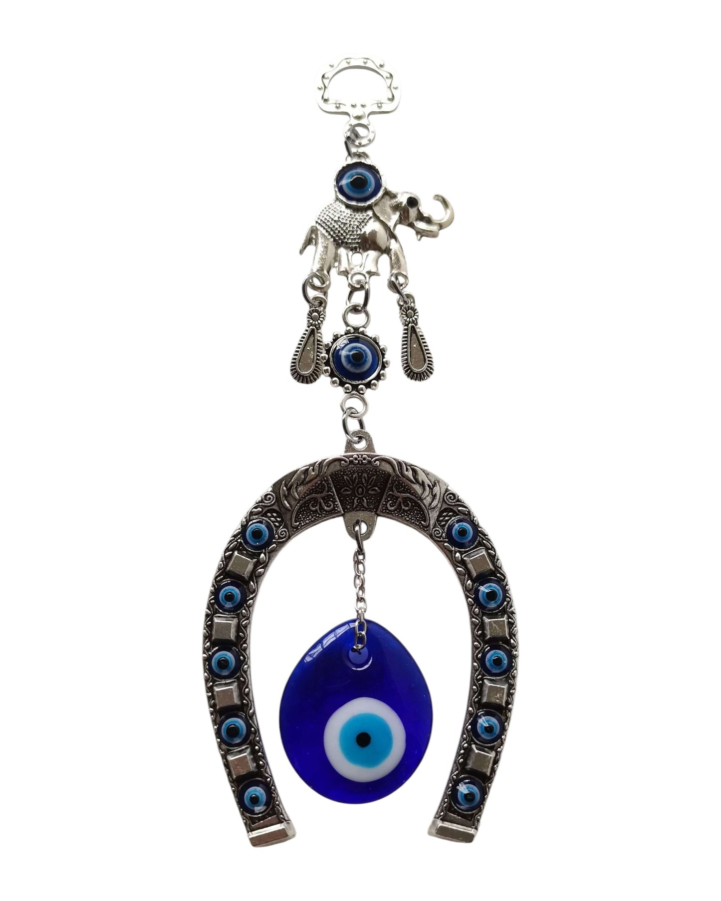 Horse Shoe Evil Eye Hanging Ornament with Elephant