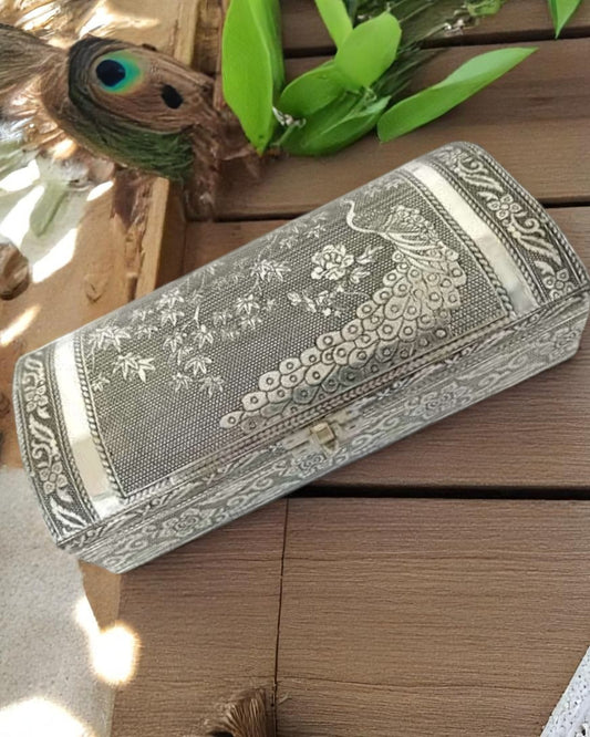 Rounded Jewellery Box with Mirror & Ring Holder Peacock Design