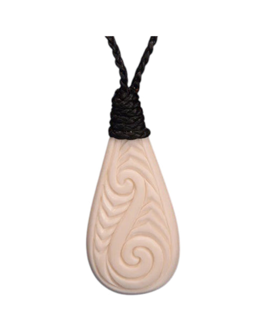 Bone Tear Drop Pendant with Koru pattern work.