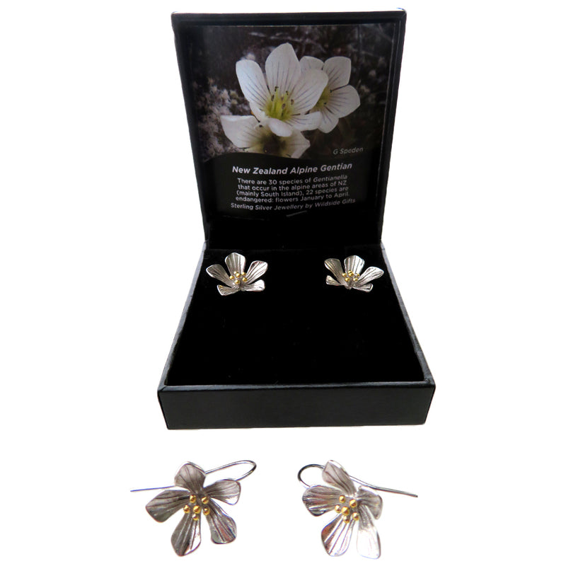 NEW ZEALAND ALPINE GENTIAN FLOWER DROP EARRINGS (STERLING SILVER)