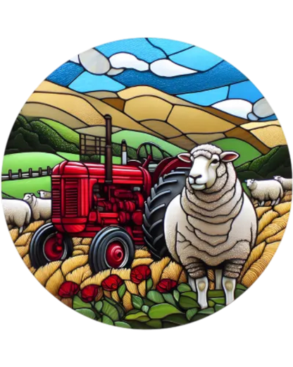 Tractor & Sheep Stained Glass Hanger
