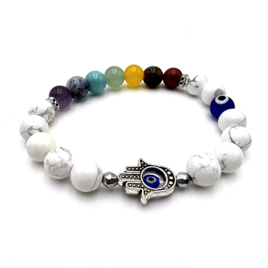 Hamsa Evil Eye Bracelet- White Howlite with Chakra Stones