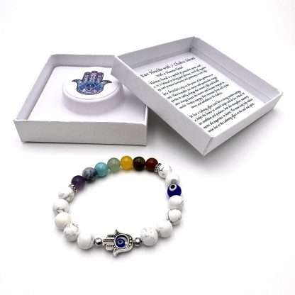 Hamsa Evil Eye Bracelet- White Howlite with Chakra Stones