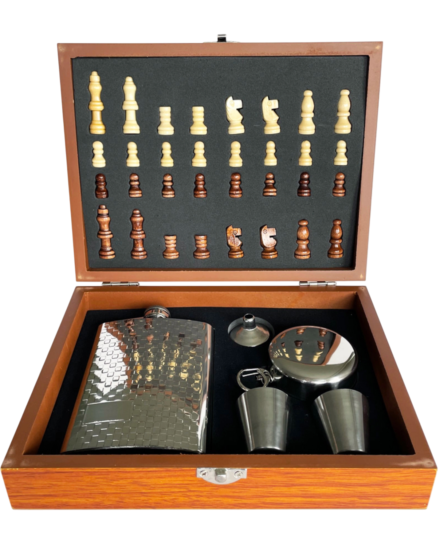 Deluxe Silver Hip Flask and Chess Set