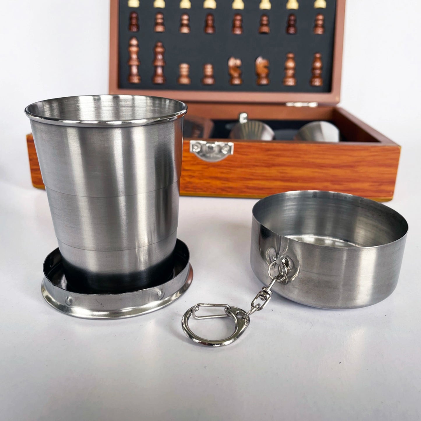 Deluxe Silver Hip Flask and Chess Set