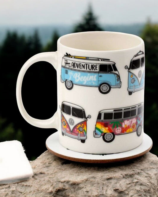 Volkswagen VW T1 Camper Bus Porcelain Mug & Coaster Set