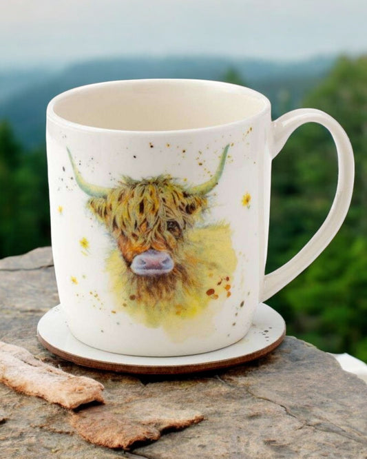 Jan Pashley Highland Coo Cow Porcelain Mug & Coaster Set