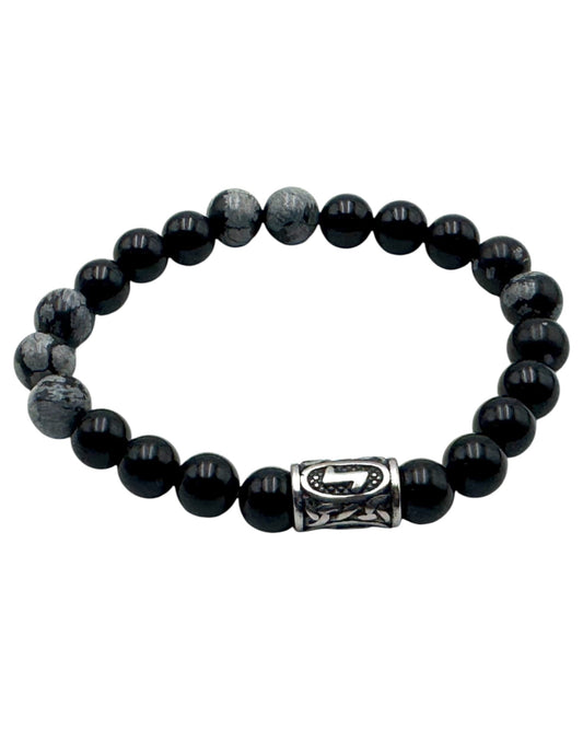 Rune bracelet Onyx & Snowflake Obsidian Elhwaz