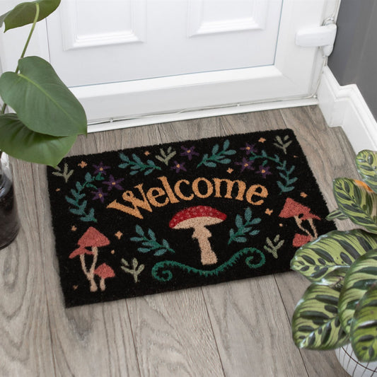 Black Mushroom Welcome Coir Doormat