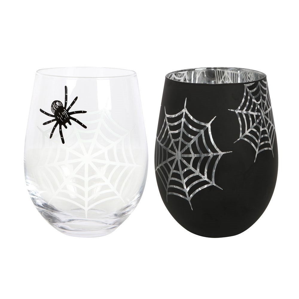 Set of 2 Spider and Web Stemless Wine Glasses NEW!