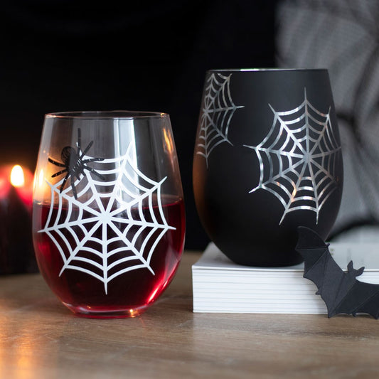 Set of 2 Spider and Web Stemless Wine Glasses NEW!