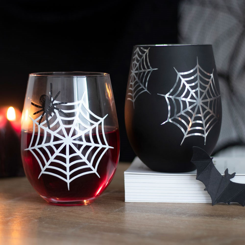 Set of 2 Spider and Web Stemless Wine Glasses NEW!