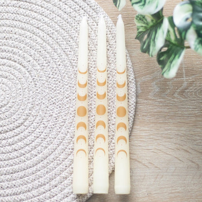 Set of 3 Off White Moon Phases Taper Dinner Candles NEW!