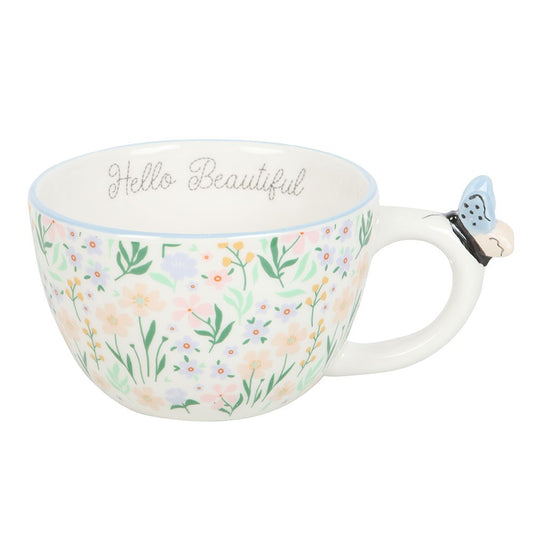 Hello Beautiful Daisy Floral Print Mug with Butterfly NEW!