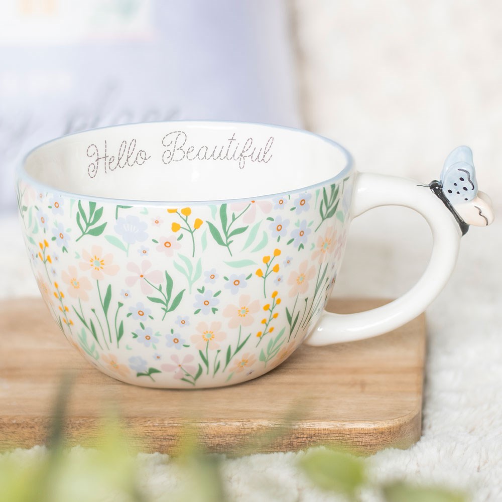 Hello Beautiful Daisy Floral Print Mug with Butterfly NEW!