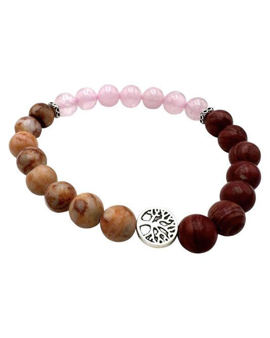 Balance Bracelet Tree of Life – Red Woodgrain Jasper-Red Veined White Onyx-Rose Quartz