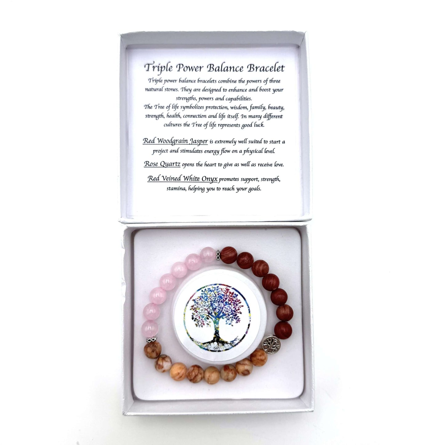 Balance Bracelet Tree of Life – Red Woodgrain Jasper-Red Veined White Onyx-Rose Quartz