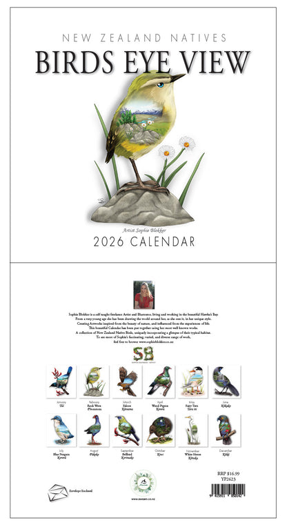 Sophie Blokker Calendar - New Zealand Natives Birds Eye View 2026
