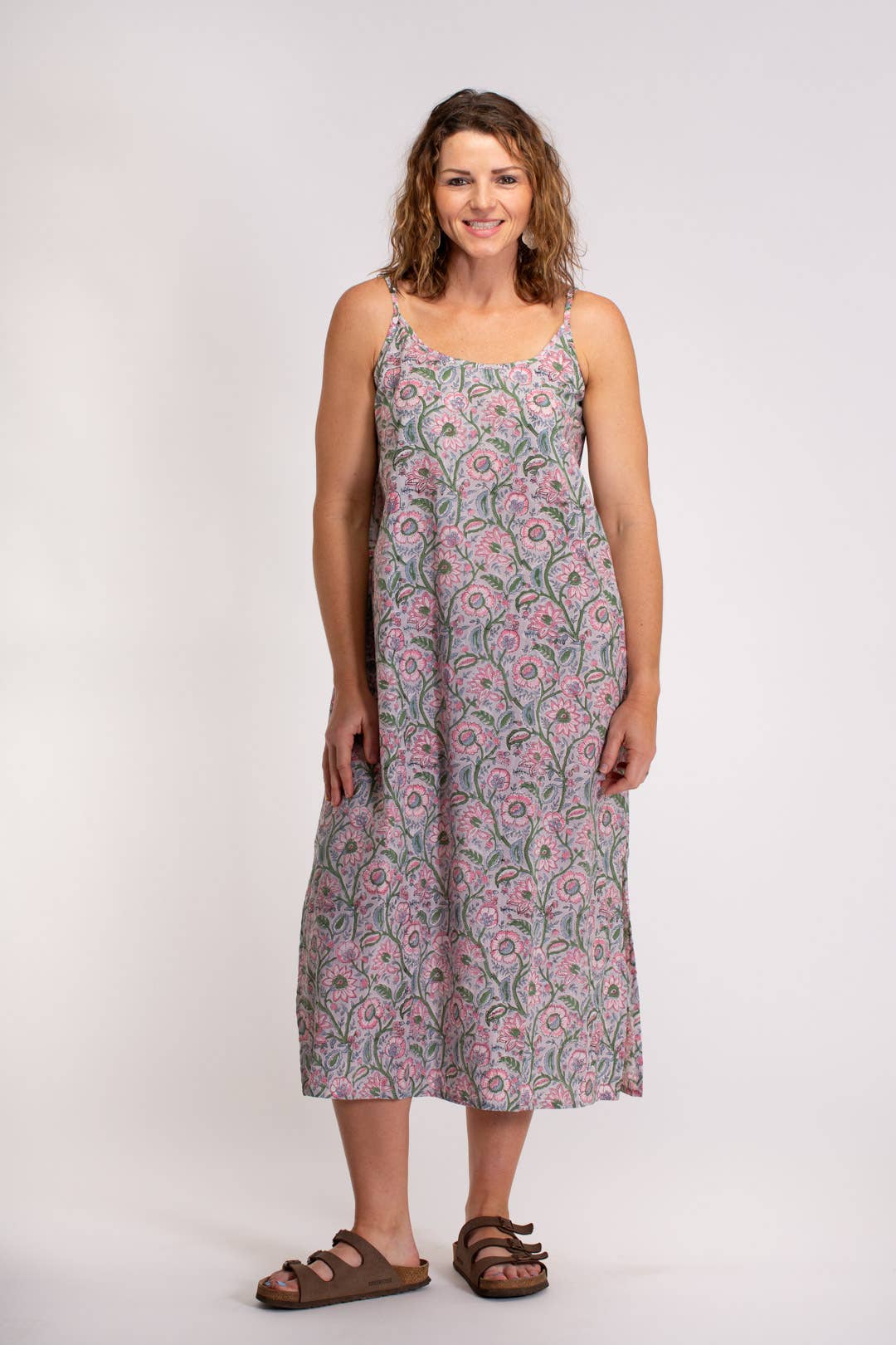 HAND BLOCKED PRINTED COTTON SLIP DRESS: Grey/Pink / L/XL
