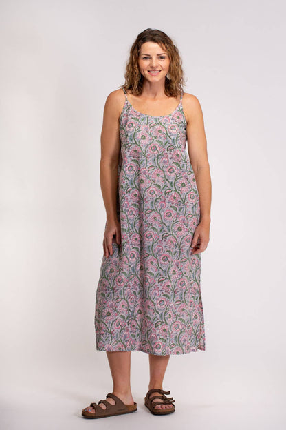 HAND BLOCKED PRINTED COTTON SLIP DRESS: Grey/Pink / L/XL