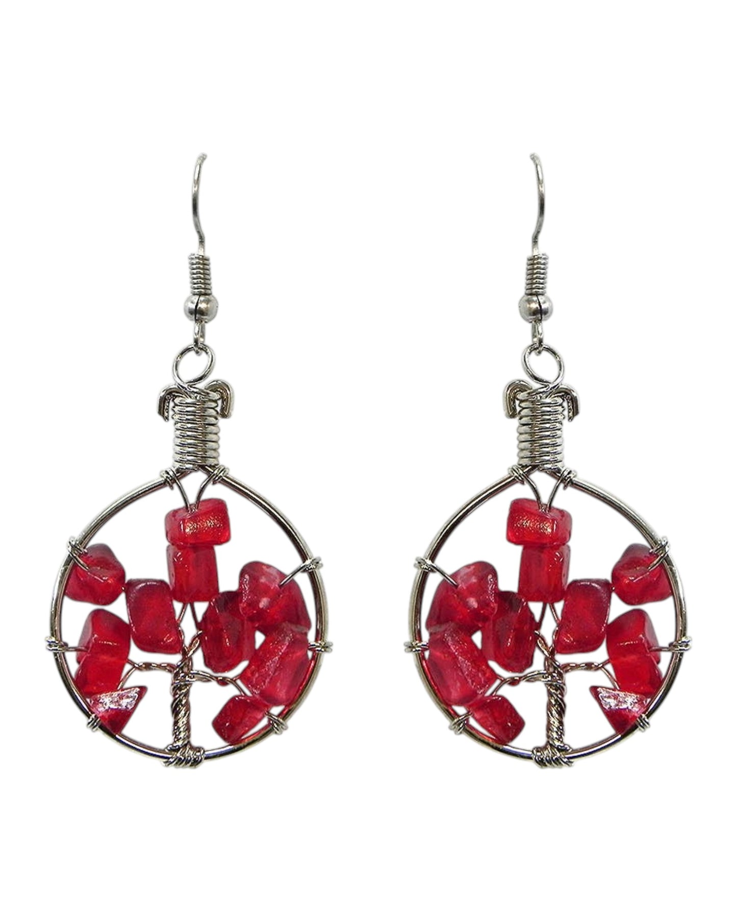 Round Chip Stone Tree of Life Wire Wrapped Dangle Earrings