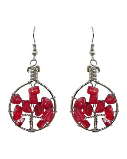 Round Chip Stone Tree of Life Wire Wrapped Dangle Earrings