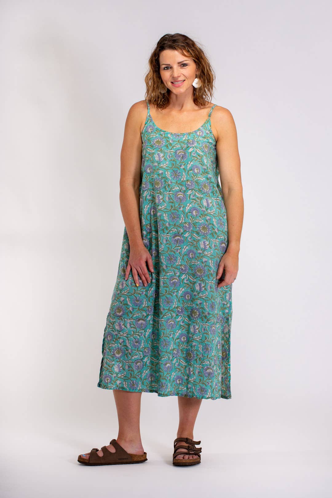 HAND BLOCKED PRINTED COTTON SLIP DRESS: Aqua/Purple / S/M