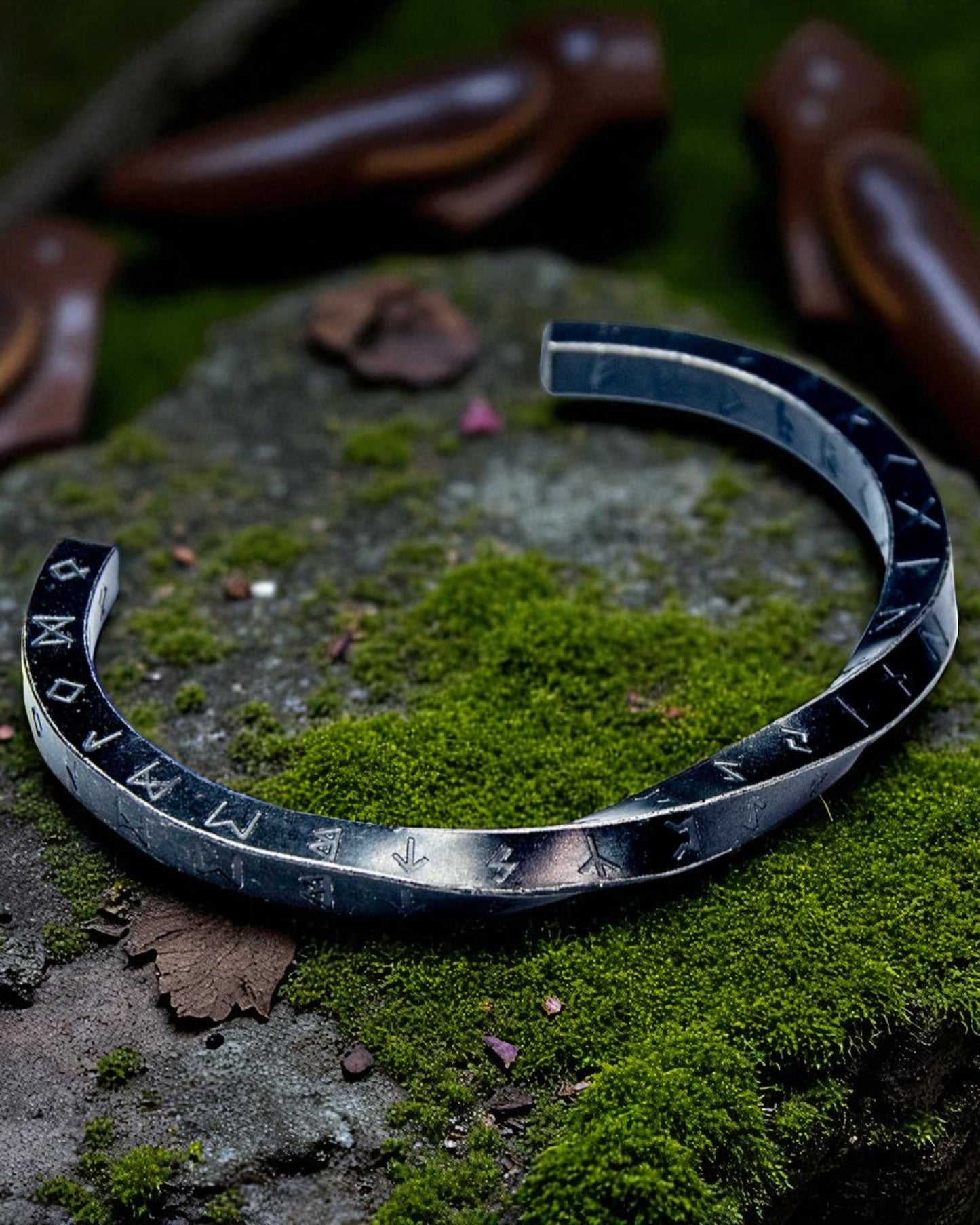 Stainless Steel Viking Twist Cuff Bracelet-Nordic Runes Black