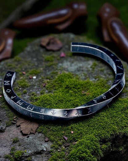 Stainless Steel Viking Twist Cuff Bracelet-Nordic Runes Black