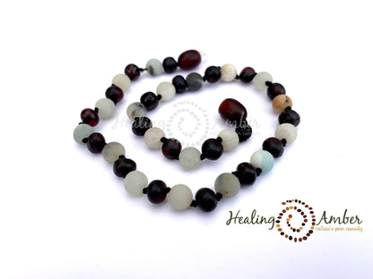 Raw Molasses Amber & Amazonite Gemstone-11 inch Necklace