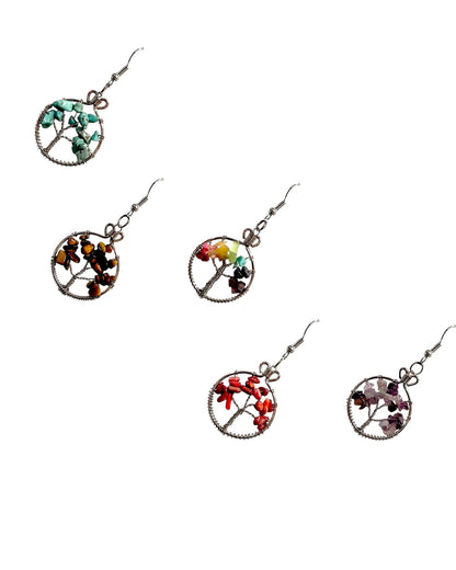 Round Chip Stone Tree of Life Wire Wrapped Dangle Earrings