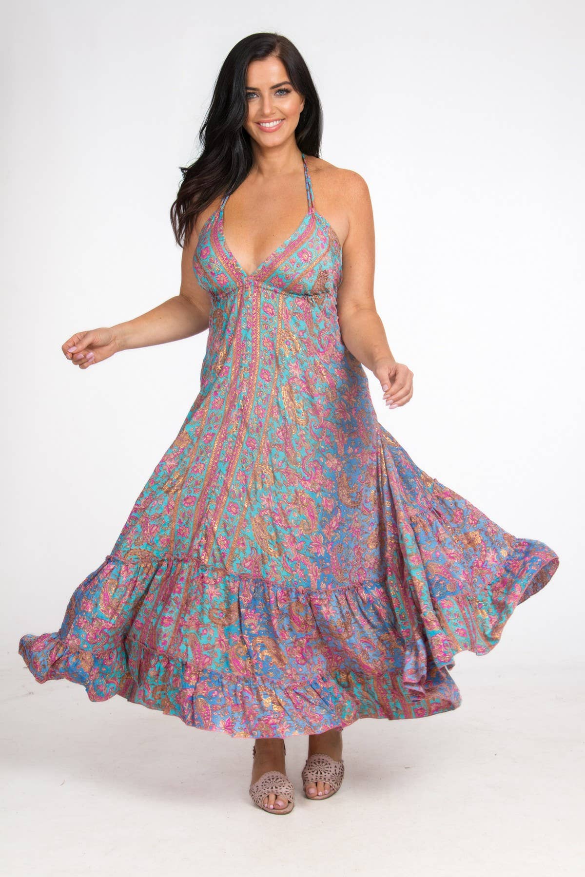 SILK HALTER DRESS: Aqua/Blue / One Size