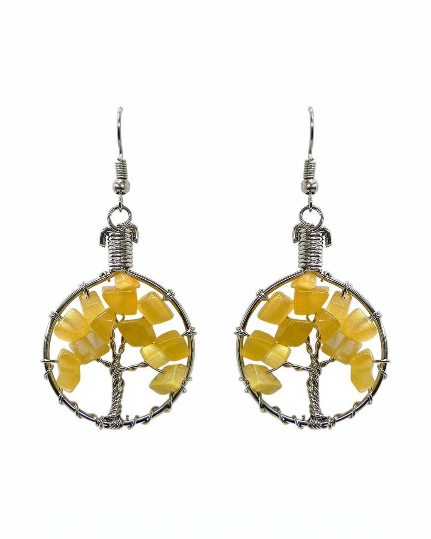 Round Chip Stone Tree of Life Wire Wrapped Dangle Earrings