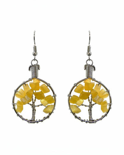 Round Chip Stone Tree of Life Wire Wrapped Dangle Earrings