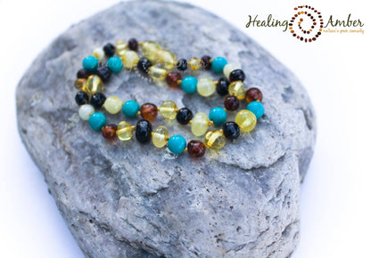 Multi Amber & Turquoise Gemstone-11 inch  Amber Necklace