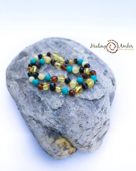 Multi Amber & Turquoise Gemstone-11 inch  Amber Necklace