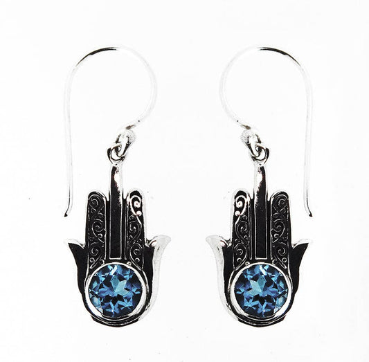 Hamsa Hand Blue Topaz Silver Earrings