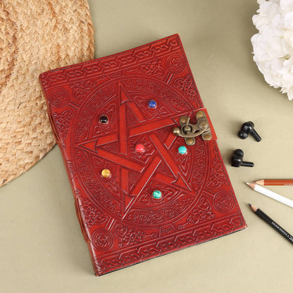 Leather Journal with 6 Precious Pentagram Stone Gift Journal
