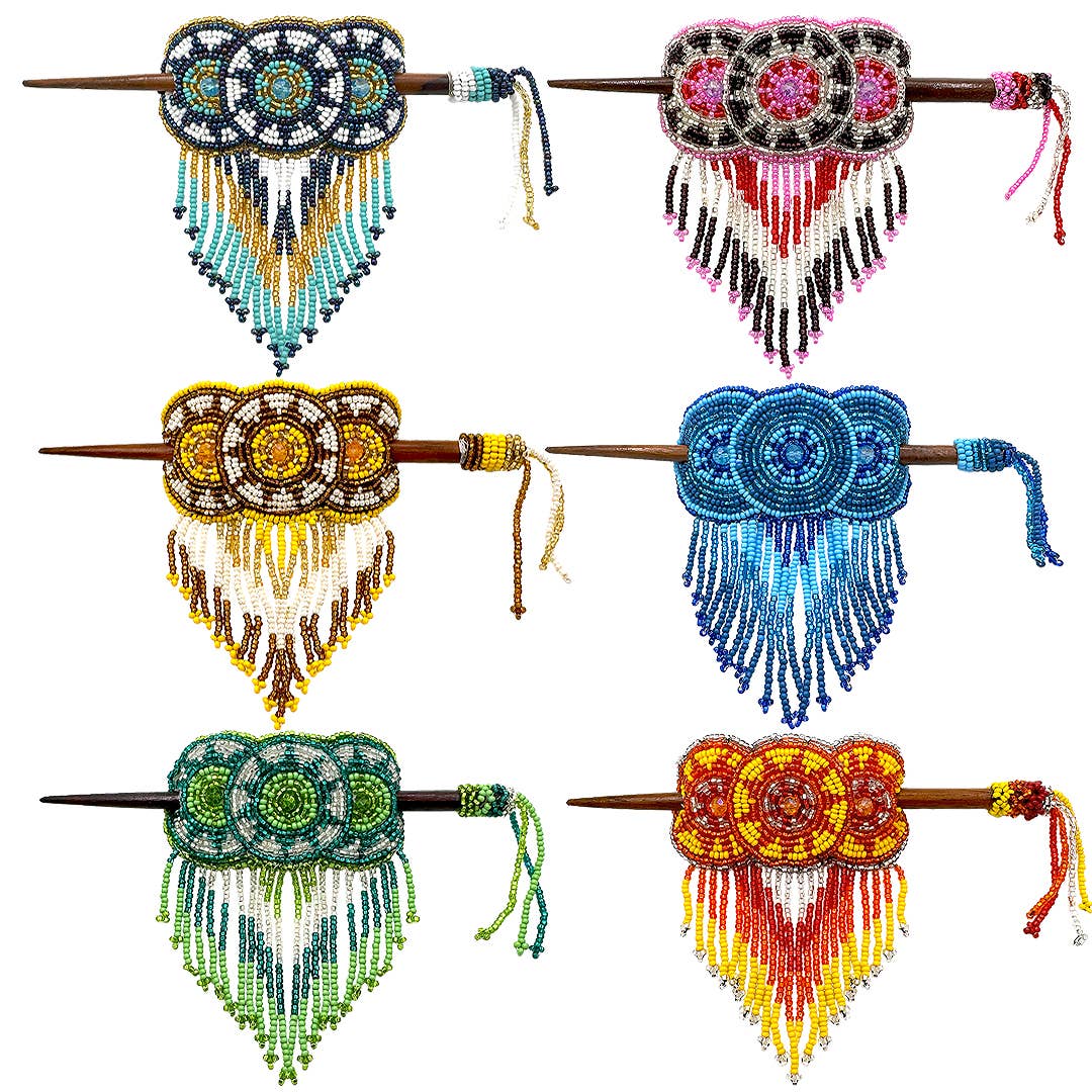 Large Beaded 3 Circle Seed Bead Fringe Barrette Hair Stick
