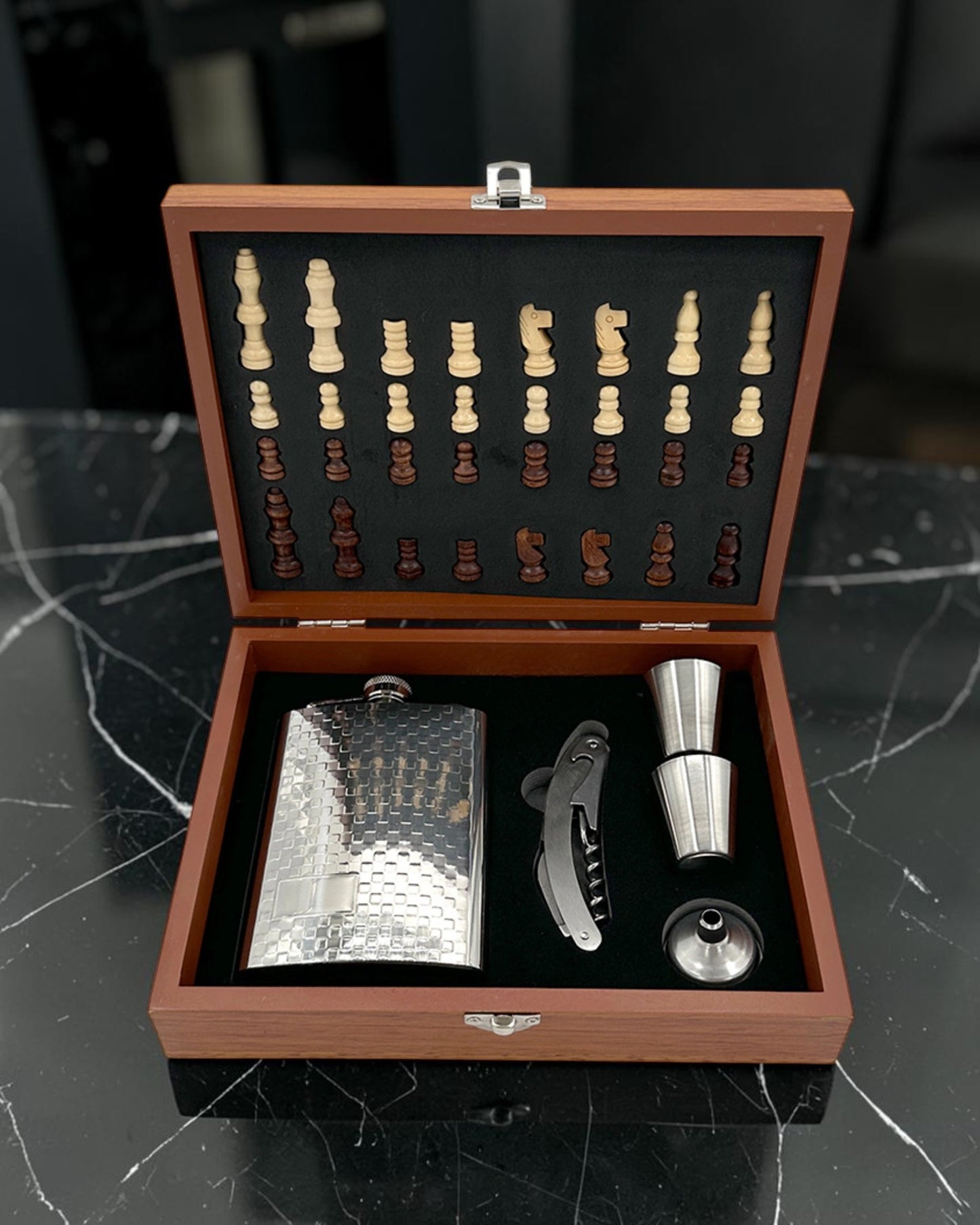 Silver Hip Flask & Chess Set