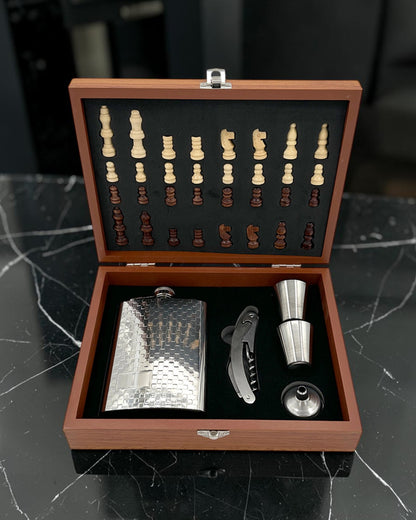 Silver Hip Flask & Chess Set